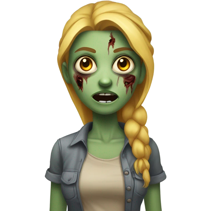 “Female zombie with greenish-gray skin, large yellow eyes, open mouth, and an exposed wound on the left cheek. Red-tinged blonde hair and a neutral-toned shirt.” emoji
