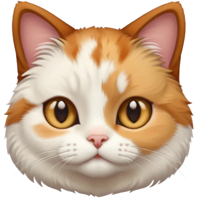 calico and white cat with small head, hazel eyes, and short but chubby body emoji