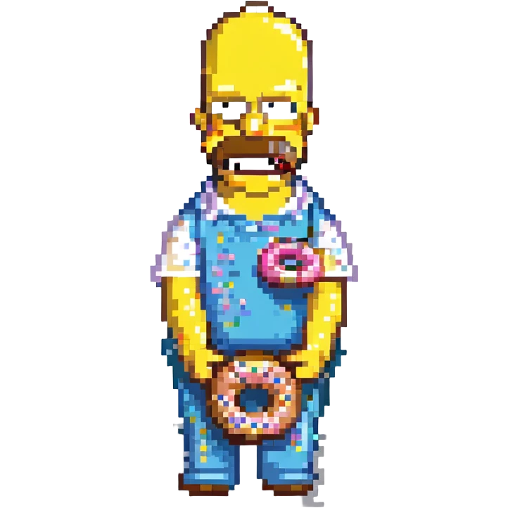 Homer Simpson pixel art, basic features, holding a donut with sprinkles emoji