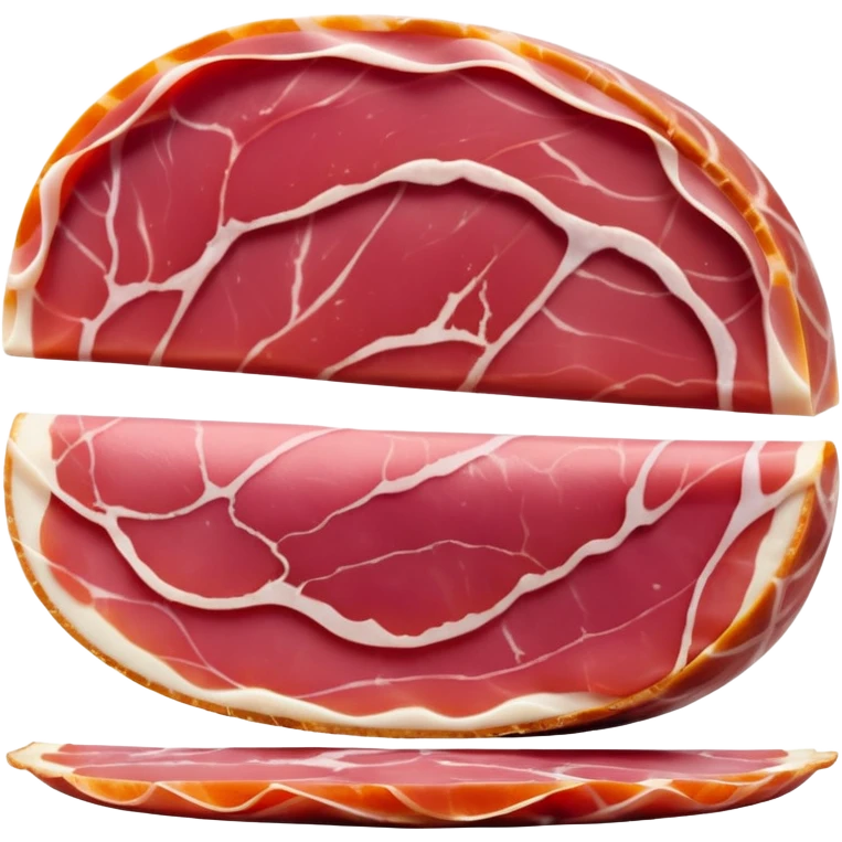 thin, elegantly folded slices of dry-cured Italian ham prosciutto, soft translucent texture, deep pink-red color, visible marbling of creamy white fat, slight natural curl, silky surface, no plate, garnish, or packaging, soft lighting, subtle shadows, emoji scale emoji