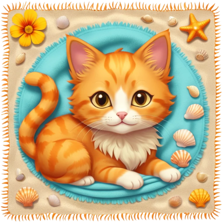 A fiery orange kitten with sun-kissed fur, wearing a tiny flower crown made of marigolds, lounging on a warm beach towel, surrounded by seashells, golden sparkles, and glowing summer sun. emoji