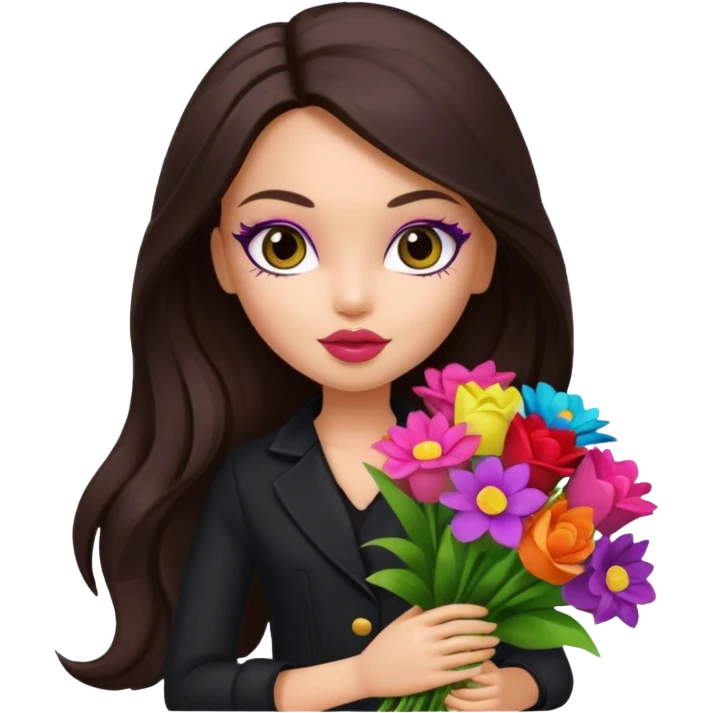  pretty bratz doll with makeup with dark top, long dark brown hair holding big bouquet of flowers  emoji