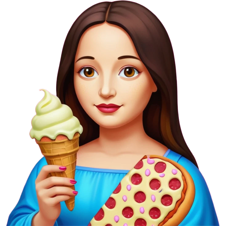 pop art neon Monalisa holding Melted spam meat ice cream pizza slice emoji