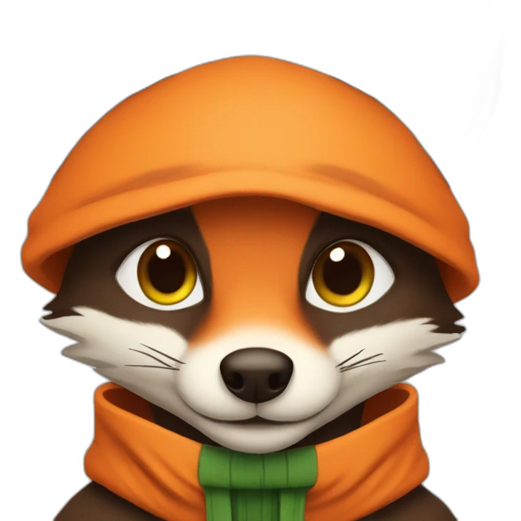 a small dark brown fox with orange eyes with a dark green hood that smile emoji