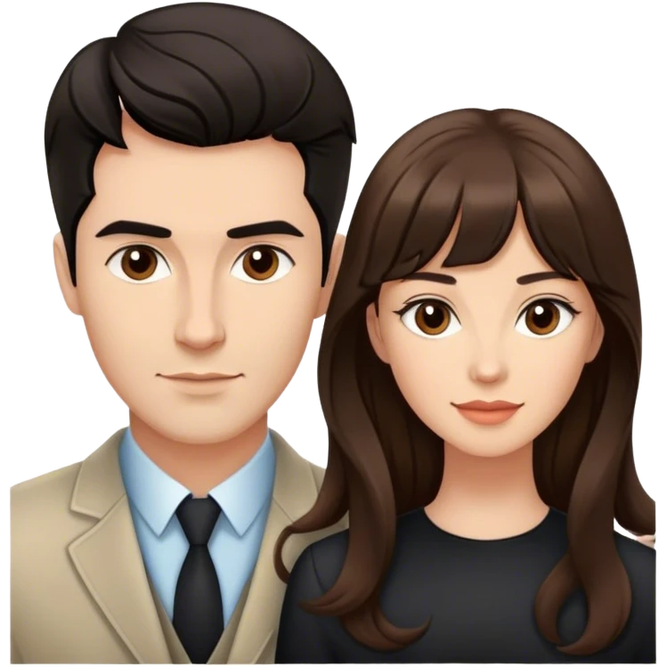 Quiero una pareja de 30 años muy guapos. La chica con pelo largo castaño y rizado pero con el flequillo liso. El chico con el pelo corto, liso, negro y con un poco tupe , piel blanca y sin barba emoji