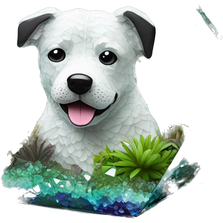 A dog made of glass mirror crystals prisms glass transparent filled with plants as a terrarium with graffiti doodles emoji