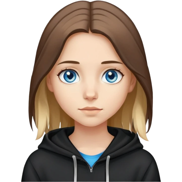 girl with blue eyes, shoulder-length brown hair with light blonde streaks, wearing a black hoodie emoji