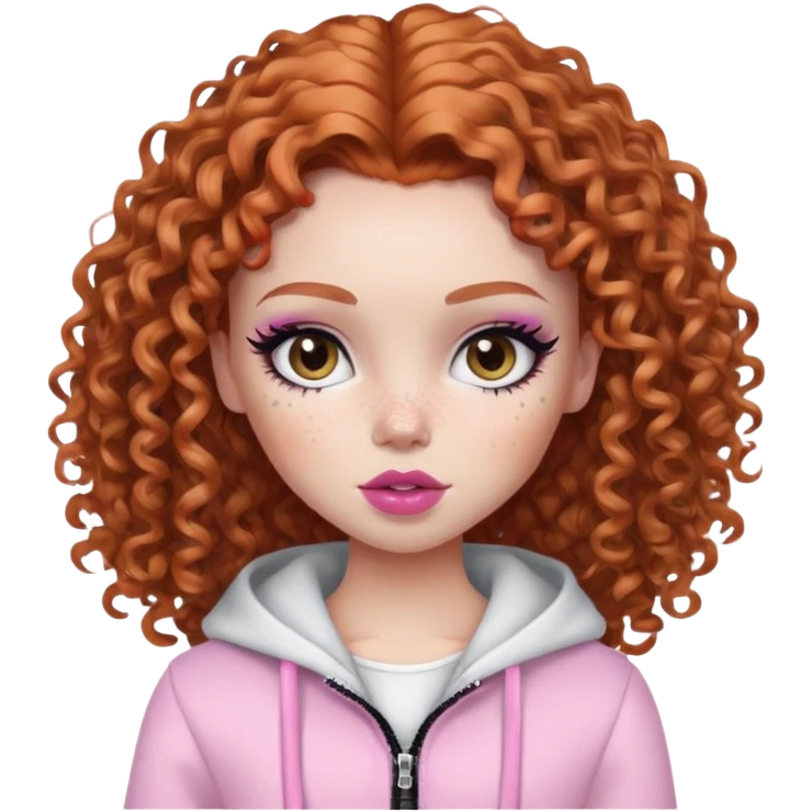pretty bratz girl, ginger curly hair, freckles, dark brown eyes, pink lips, black eyeliner, pale skin, cute girly clothes emoji