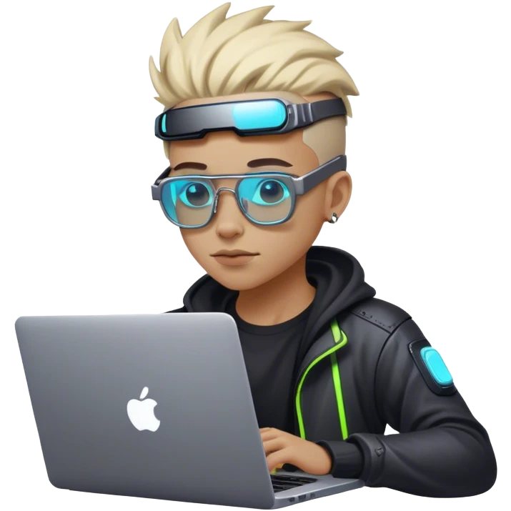 An emoji of a person with a laptop, but wearing cyberpunk glasses and with a slight neon glow emoji
