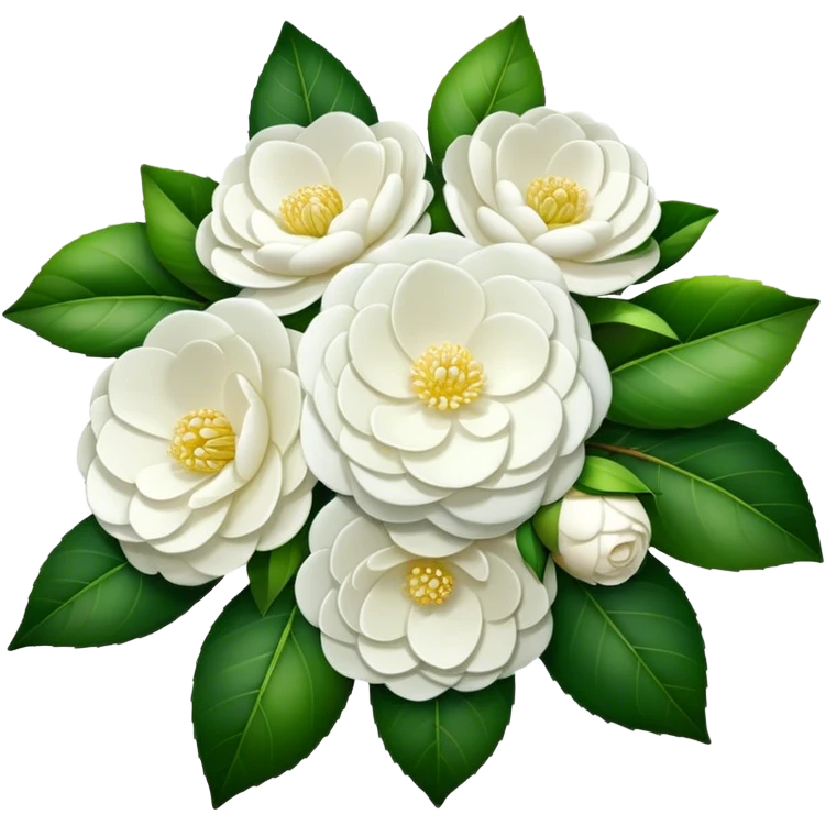 big bouquet White Camellia Japonica, luxuriant, stem, leaf emoji