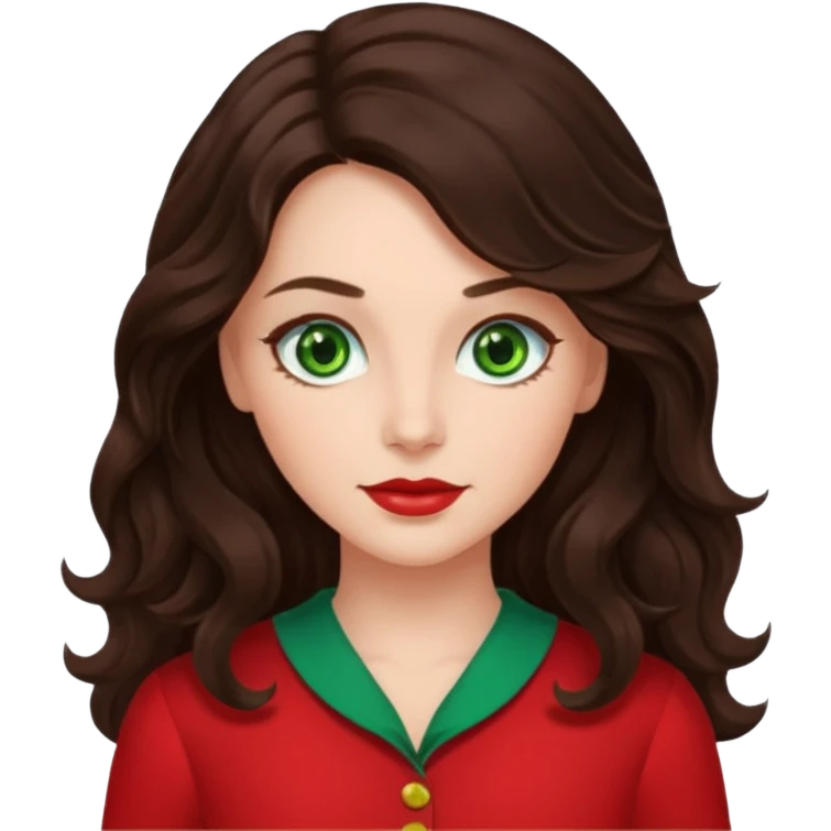Leslie Bryant from Summer of Fear with long dark brown wavy hair, green eyes, red outfit emoji