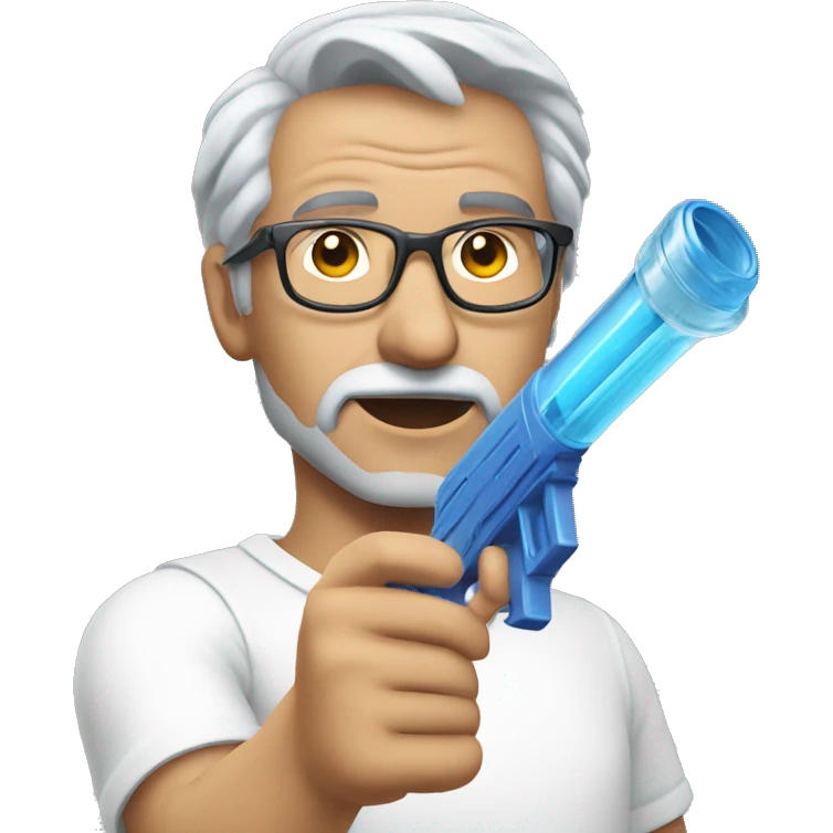 Turkish man with grey hair and protective glasses and white t-shirt aiming a water gun with one hand while standing sideways emoji
