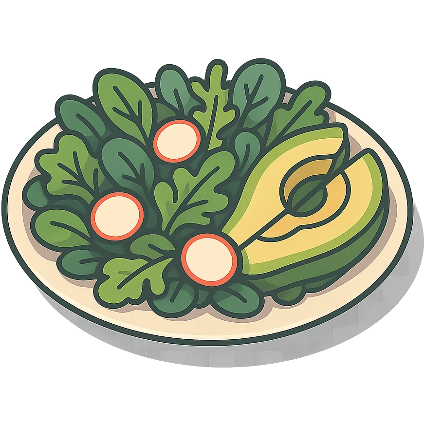 a plate with mixed salad greens radishes and avocado in 2D isometric illustration style emoji