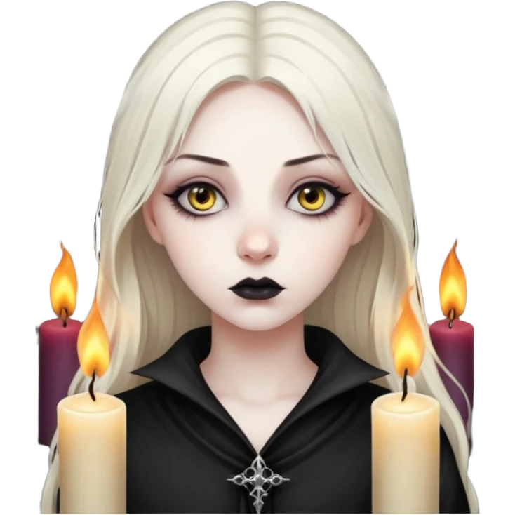 Pale woman with kohl-lined eyes staring through candle smoke, predatory calm, gothic fantasy mood emoji