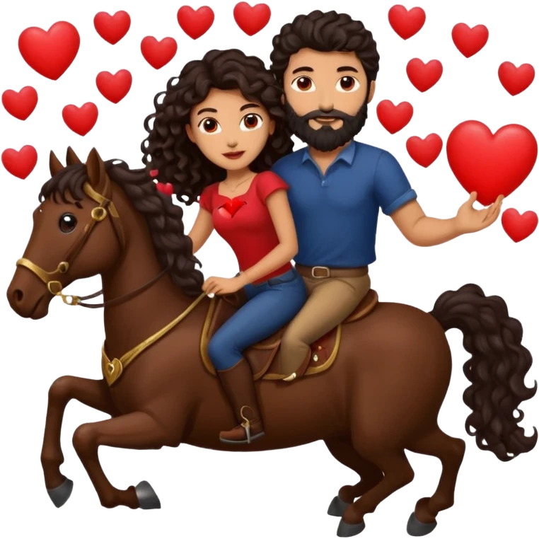 pareja de Mujer morena rizada cabello largo castaño ojos oscuros y hombre piel blanca con caballo oscuro con barba y ojos marron alrededor de la pareja corazones emoji