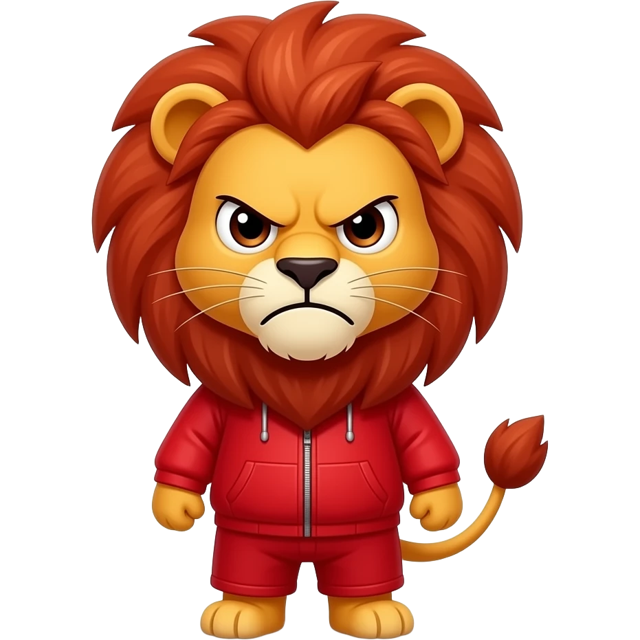A little red lion dressed head to toe in red, looking at us with a very angry expression. emoji