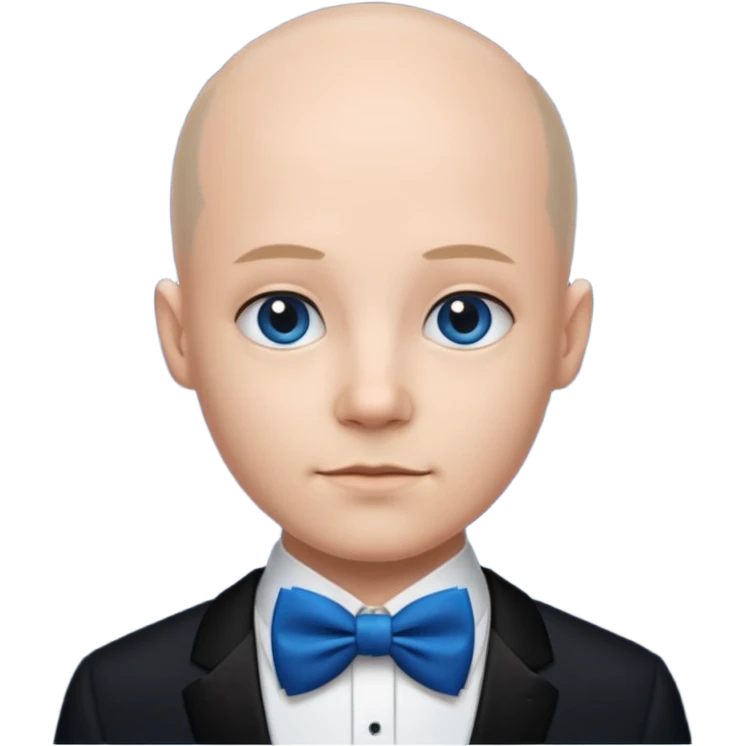 semi Bald with blue bow tie, midnight balck dress, age. emoji