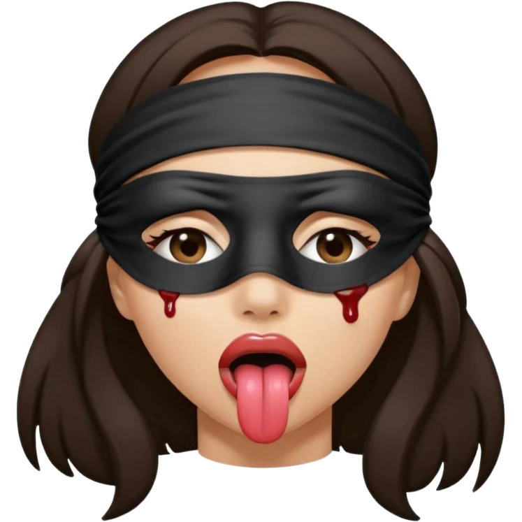 woman with dark brown hair wearing black blind fold completely covering her eyes. tongue out and saliva coming from mouth emoji