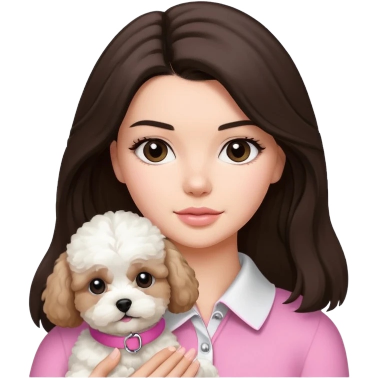 brunette woman with long hair resembling Kendall Jenner holding a white Maltipoo dog with a pink collar emoji