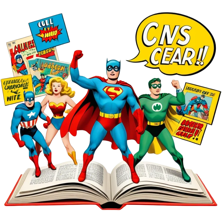 Icon for Vintage American Comics: an open comic magazine with classic 1940s-1950s American comic art, featuring superheroes in bold, bright colors, with action panels and exaggerated speech bubbles. The icon should represent the nostalgic style of vintage comics. Transparent background. emoji