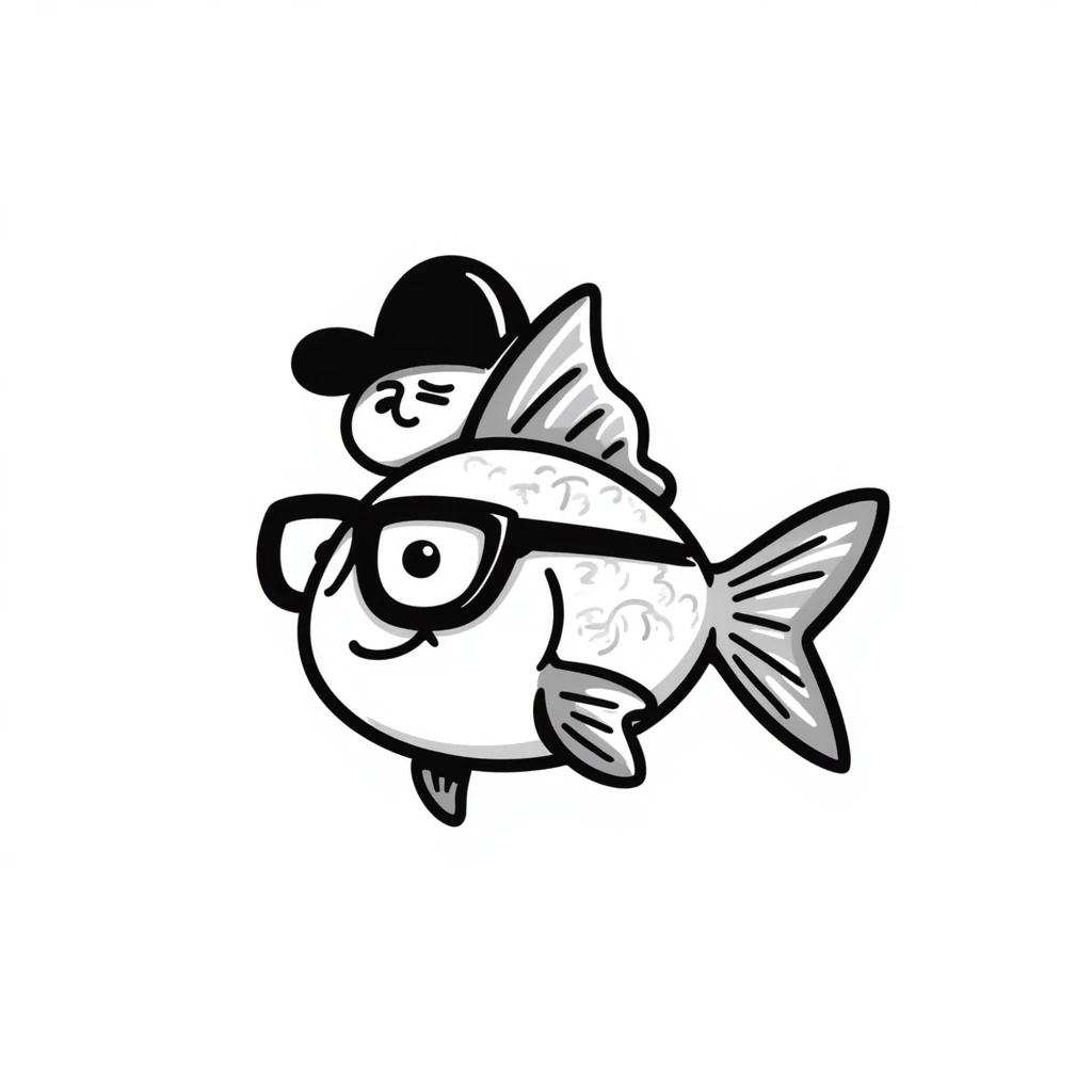 A hand-drawn goldfish with a derpy expression wearing oversized glasses emoji