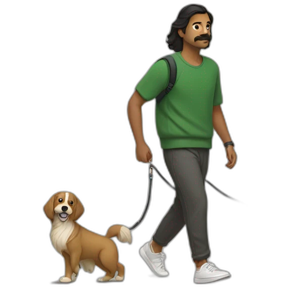 an indian man wearing a green sweatshirt, beige shoes, long hair, no beard, black shorts, walking, side profile, one hand raised slightly below waist level with leash in hand but no dog emoji
