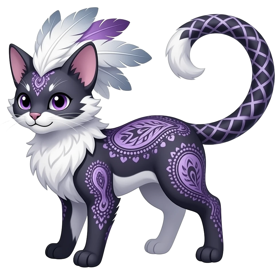 Paisley-patterned gingham-patterned feather-maned elegant realistic Furry, feathery fluffy tropical flecked painted feathery scaly, Purple, white, black, Minccino-Bambino-Lykoi-Linoone-Zangoose-fusion-hybrid-animal-Fakémon-creature, full body, thin long sleek scaly tail, intricate markings emoji