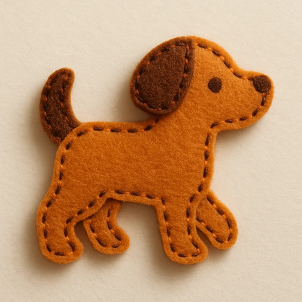 Handcrafted felt dog icon with simple shapes, clean curves, medium visible brown running stitch around edges, slightly raised look, warm orange and brown felt, minimal facial features, soft diffused lighting, subtle shadow, neutral background emoji
