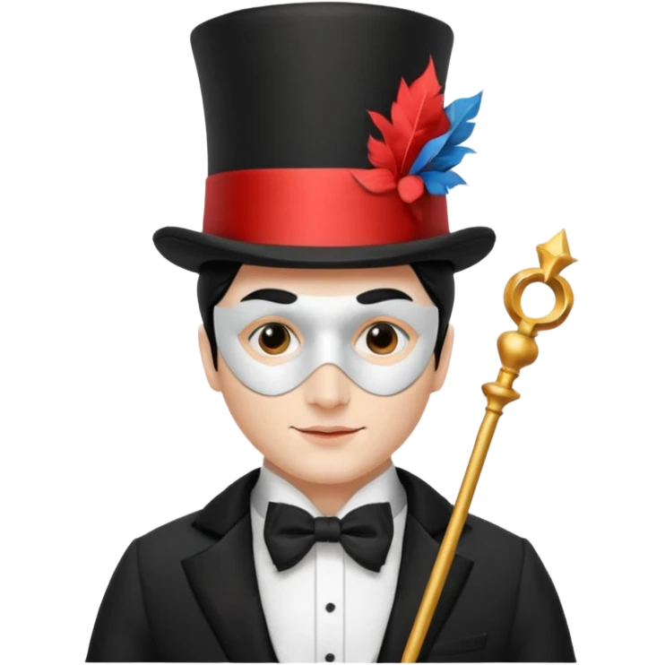 A french man with magician hat,half 🎭 mask on his head, white skin tone emoji