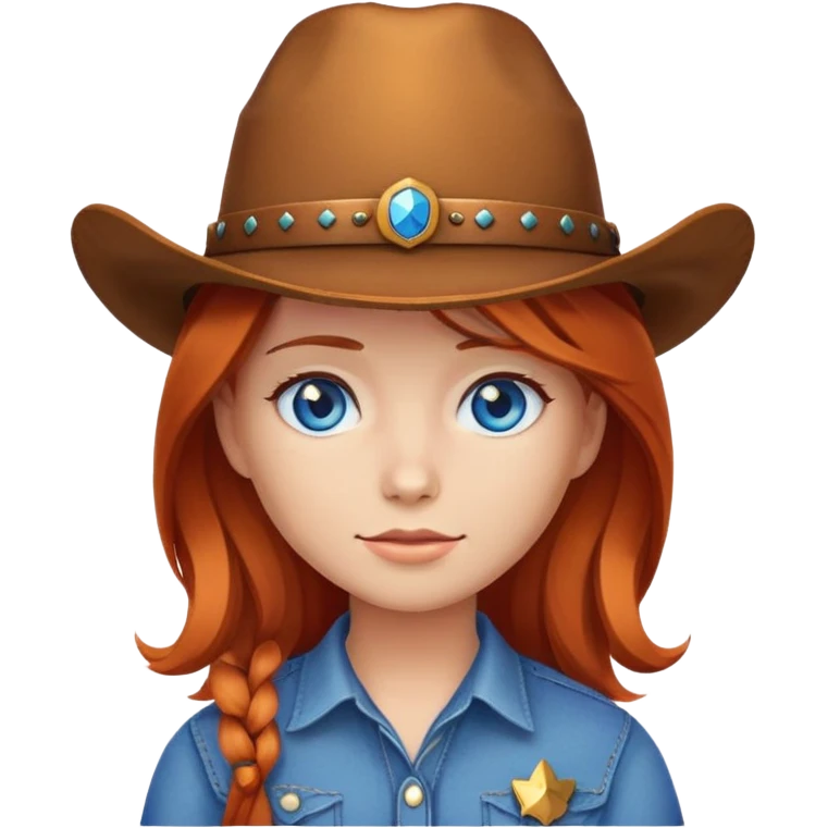 Crea un emoji de una cara DE UNA chica con sombrero de vaquero cabell cobrizo y ojos azules emoji