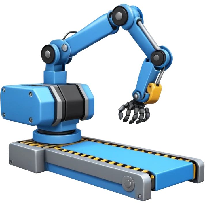 robot arm which is picking blue block on conveyor belt emoji