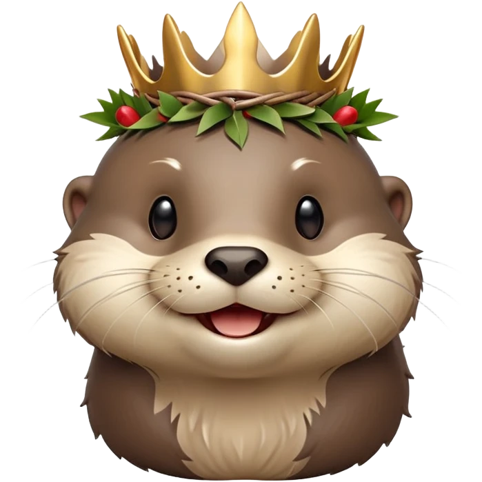 really cute smiling joyful otter face in three-quarter profile view with simple thorny stem wrapped horizontally around its forehead like Jesus Christ's Crown of thorns, Apple emoji style, glossy finish, polished look emoji