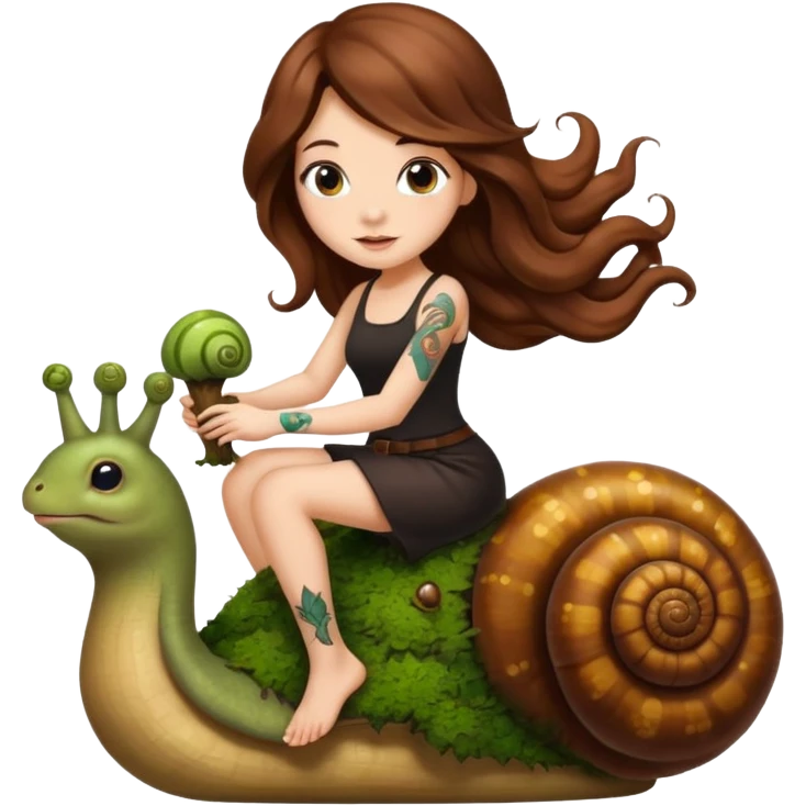 cute woman long wavy brown hair tattoos riding moss snail emoji