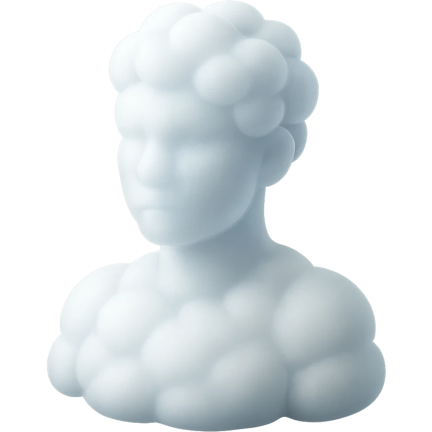 person looking straight, composed entirely of white fluffy convex clouds, shoulders up, matte glass style emoji