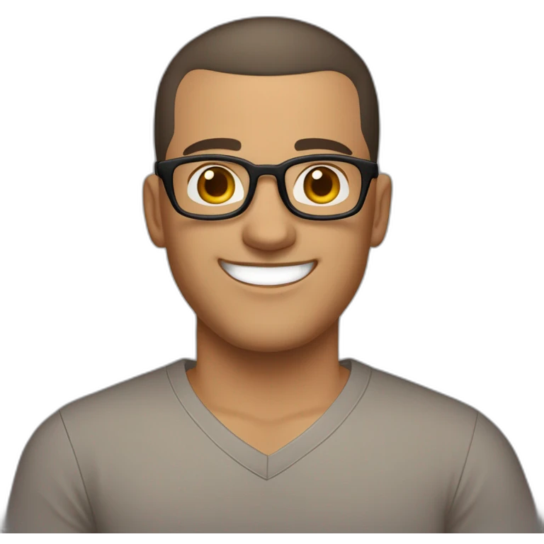 Late 30s man with buzz cut salt and pepper dark hair, thick frame glasses, with a round face and broad smile, medium nose, dark brown eyes, wearing a v-neck t-shirt emoji
