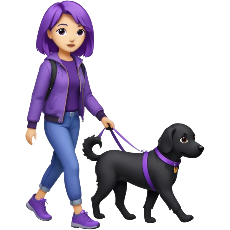 purple haired light skinned woman walking a big, black dog emoji