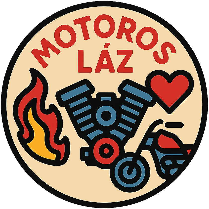 circular motorcycle cap design with the Hungarian phrase 'Motoros Láz', featuring motorcycle motifs like flame, motor, heart, passionate style emoji