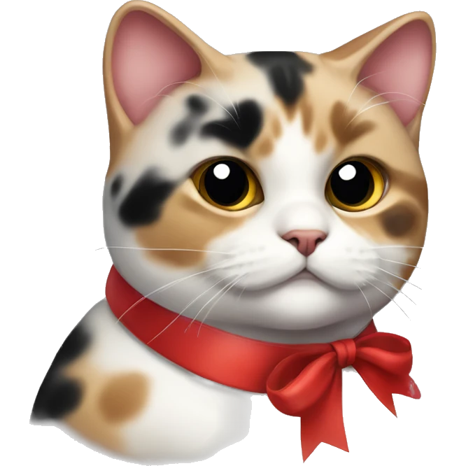 Chubby Calico cat with black spots wearing a red ribbon around its neck  emoji