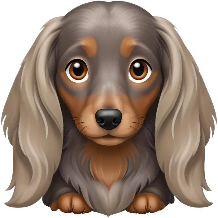 Style Realistic photo, Long haired dapple dachshund, tan, gray & black emoji