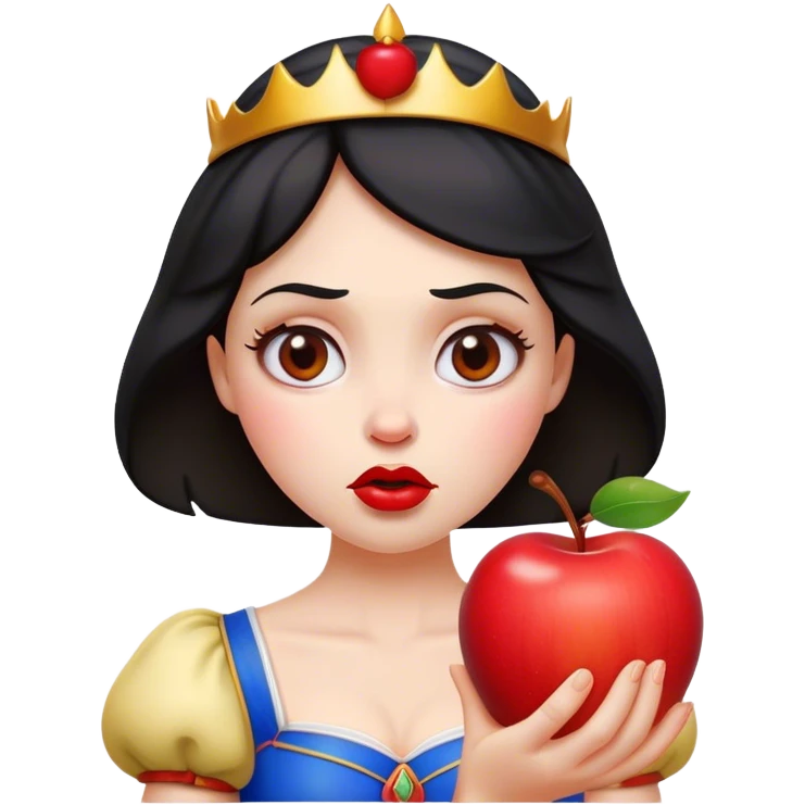 Cinematic Funny Snow White Portrait Emoji, Holding an apple with a suspicious expression, one eyebrow raised, lips pursed as if questioning her life choices, a hilariously relatable fairy tale moment! emoji