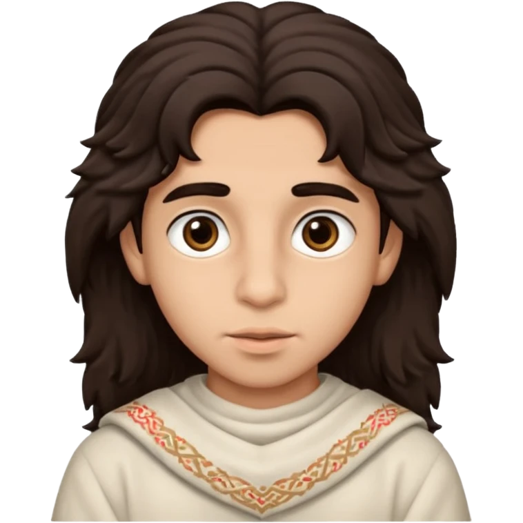 a boy with big brown eyes,big lips and nouse,fluffy dark brown hair that looks like an arab emoji