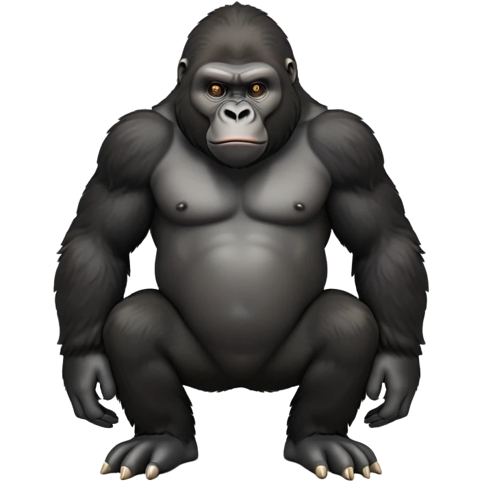 cinematic-friendly relaxed gorilla-realistic-full-body-crouched on all fours-emoji,-broad-frame-poised-with-confidence,-massive-arms-hanging-slightly-forward,-head-tilted-thoughtfully,-thick-black-fur,-deep-dark-eyes-full-of-intelligence,-simplified-yet-realistic emoji