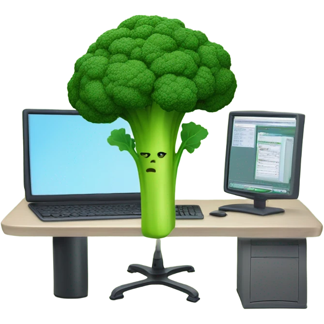 Generate a creative broccoli emoji sitting in front of a computer with a stylus, designing something on a screen. emoji