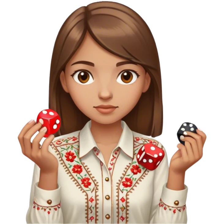A Ukrainian girl with brown hair in an embroidered shirt holds a dice in her hand emoji