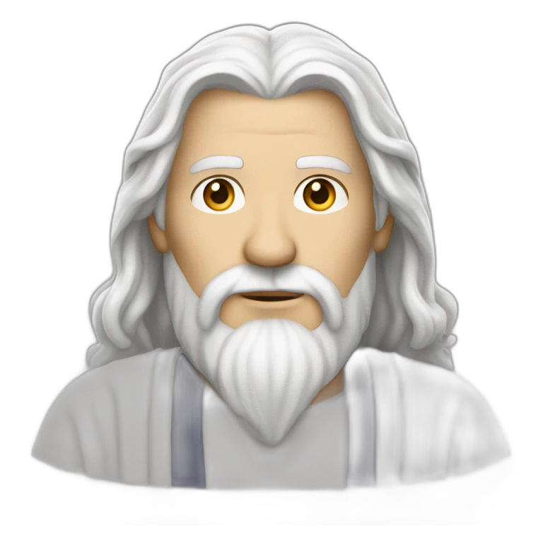 a man with long white hair with broad shoulders dressed in white about 35 years old wizard but without a cap . emoji
