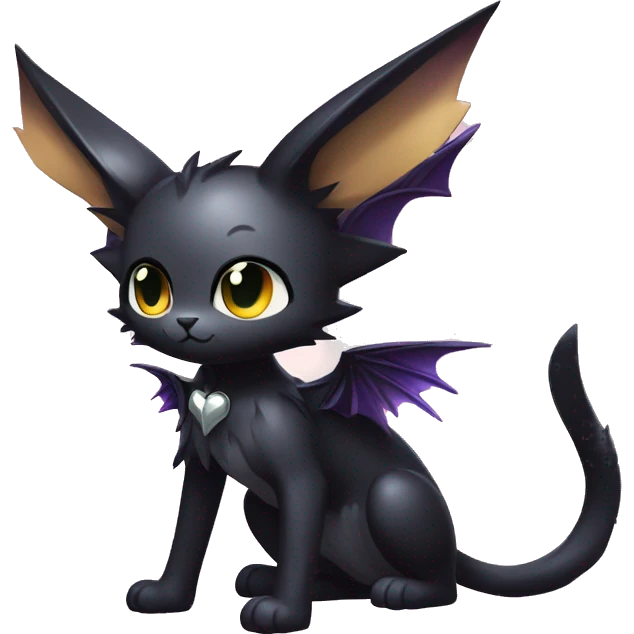 Shiny Cool Punk Black beautiful fantasy Kawaii Ethereal Sona Fakemon-cat-animal with edgy bat-wings-ears Full Body emoji