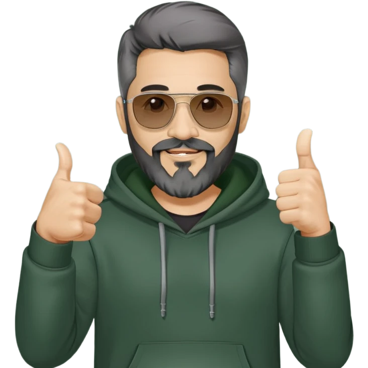 Latino man in his early 40s, with full beard not too long with gray hairs in the goatee, black hair, wearing a dark gray hoodie and dark green sunglasses, he is giving a thumbs up sign emoji