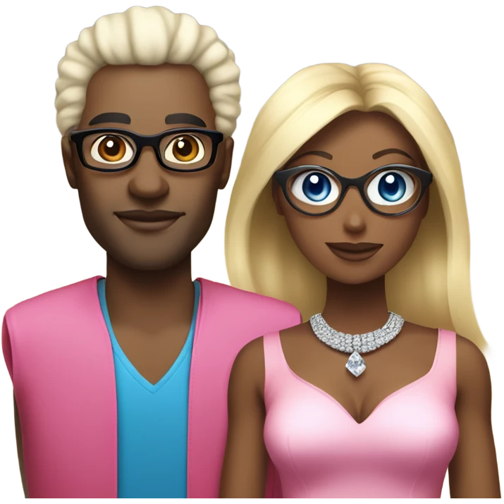black man with black afro and glasses and wearing a red shirt next to a blonde white woman with blue eyes wearing a pink dress and a big diamond necklace emoji