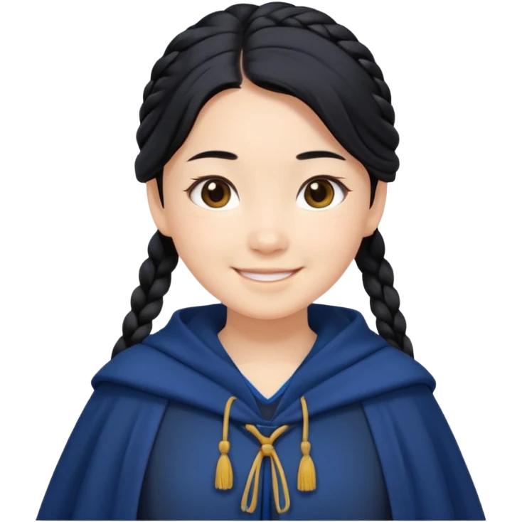 braid black hair, white asian girl, dark blue cloak, happy smaile emoji