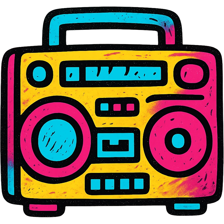 A boombox in Pop Colors style, with a graffiti-inspired design, urban vibe, spray-paint textures, and bright, contrasting colors emoji